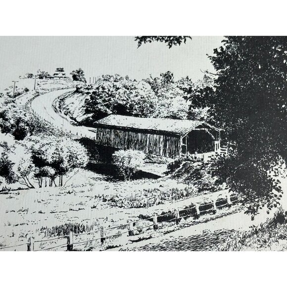 Louise Lawrence Poem The Old Covered Bridge Sketch Drawing Unframed Vtg - Picture 2 of 6